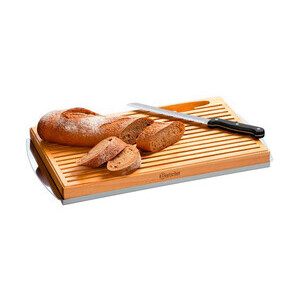 Schneidbrett aus Holz mit Krümelschale u. Brotmesser 