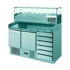 Pizzatisch GN 1/1 m. 6 Schubladen und Kühlaufsatzvitrine 6 GN 1/4 Cookmax orange