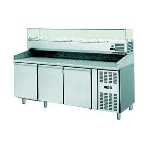 Pizzatisch, 3 Türen mit Kühlaufsatzvitrine / 2025x800x1435mm Cookmax orange