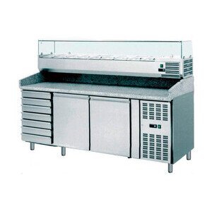 Pizzatisch 2025 x 800 x 1450mm 230 V / 0,45 kW 2 Türen und 7 Schubladen Cookmax orange